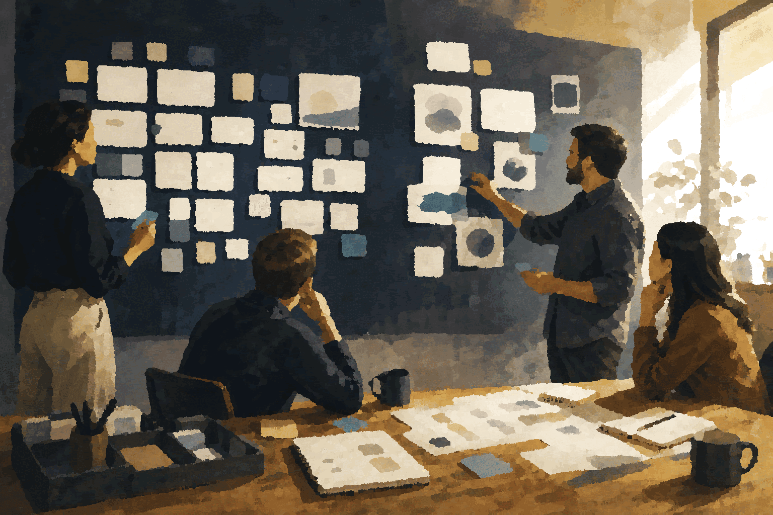A small team gathers around a planning wall, connecting ambition, proof, customer trust, and operating constraints.