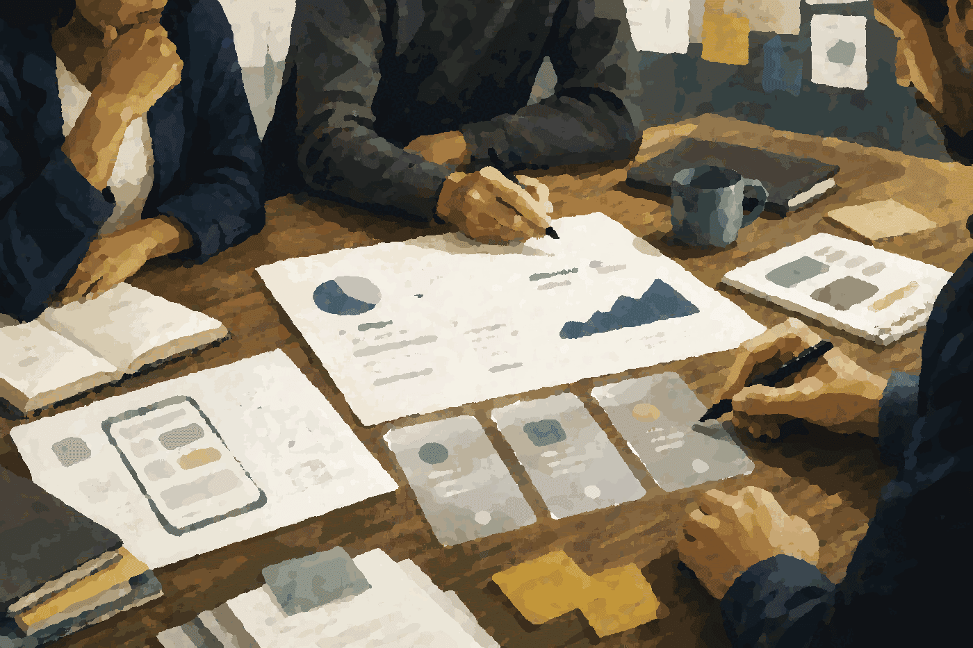 Collaborators reviewing a draft artifact with prepared options and visible human approval boundaries.