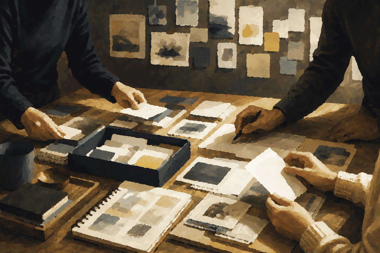 Hands arranging notes, evidence, and documents into a durable artifact the team can inspect and resume.