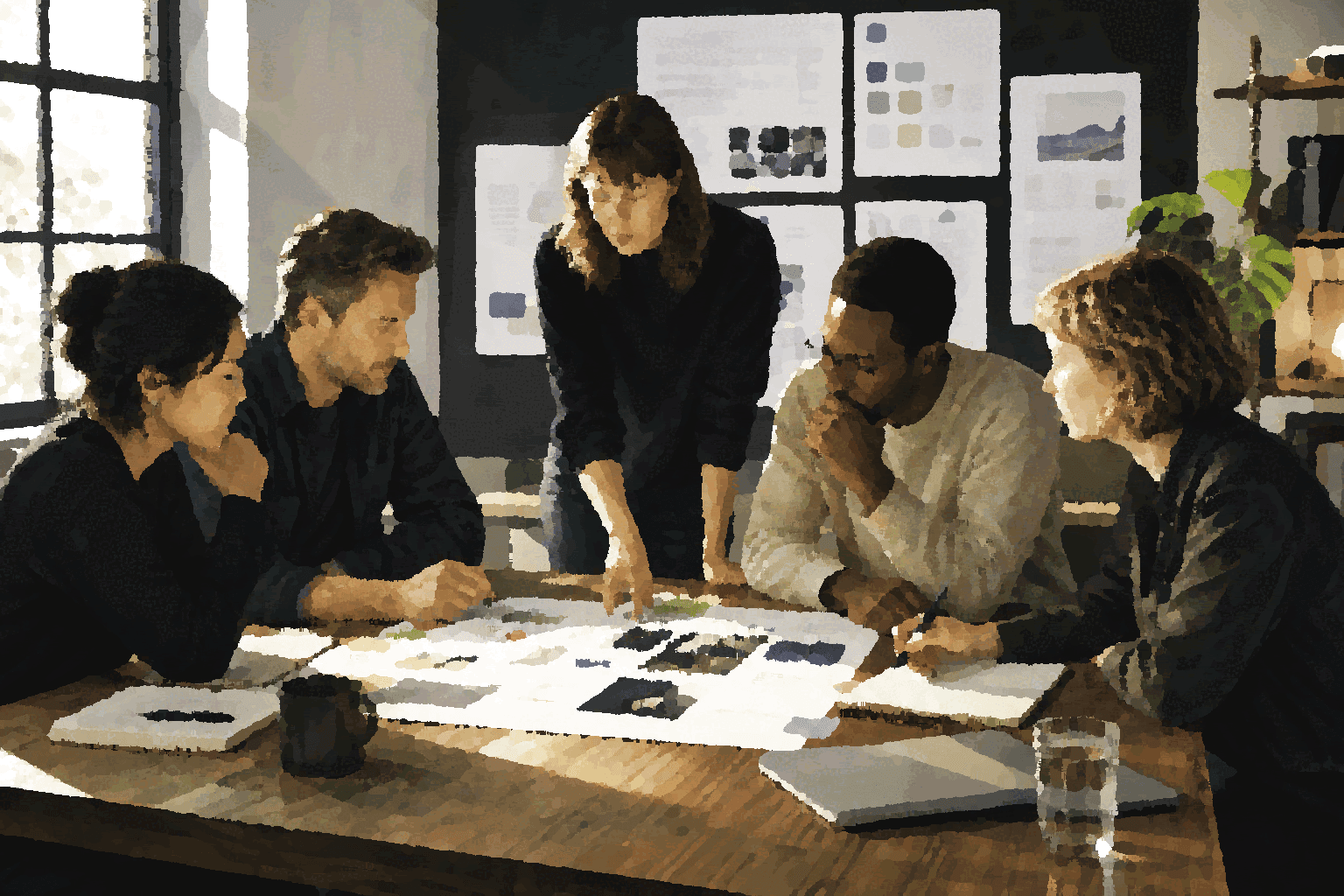 Team coordinating around visible artifacts, notes, and shared context instead of isolated private prompts.