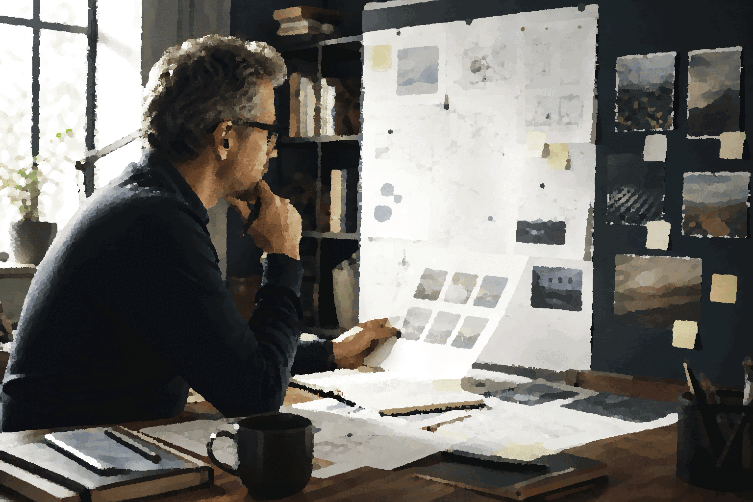 An experienced operator studies notes and options, using AI as pressure for sharper thinking rather than outsourced judgment.