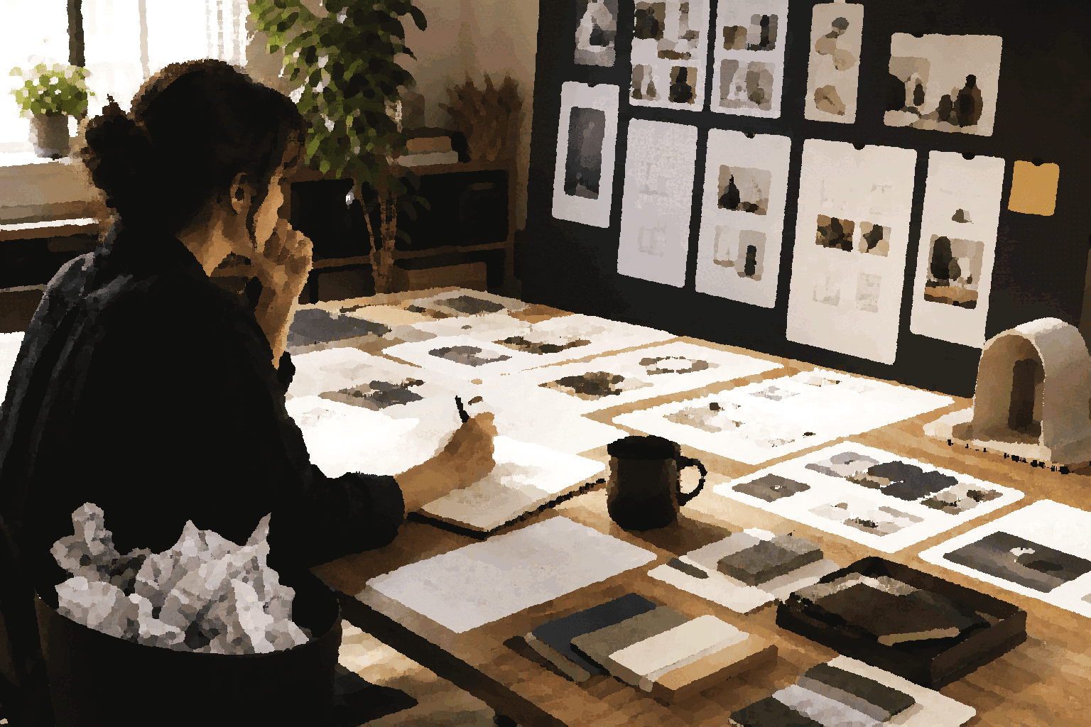 A creator reviews sketches, drafts, and storyboard materials across a desk, representing rough intent becoming work people can inspect.
