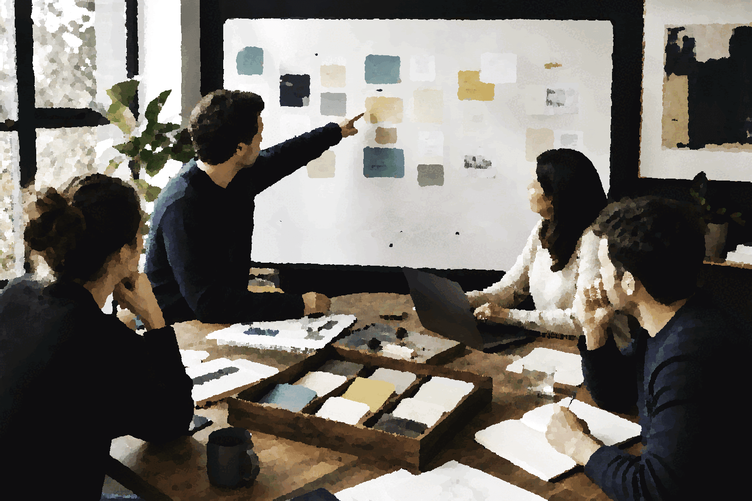 A team reviews a shared context wall while documents and workspace materials remain visible on the table.