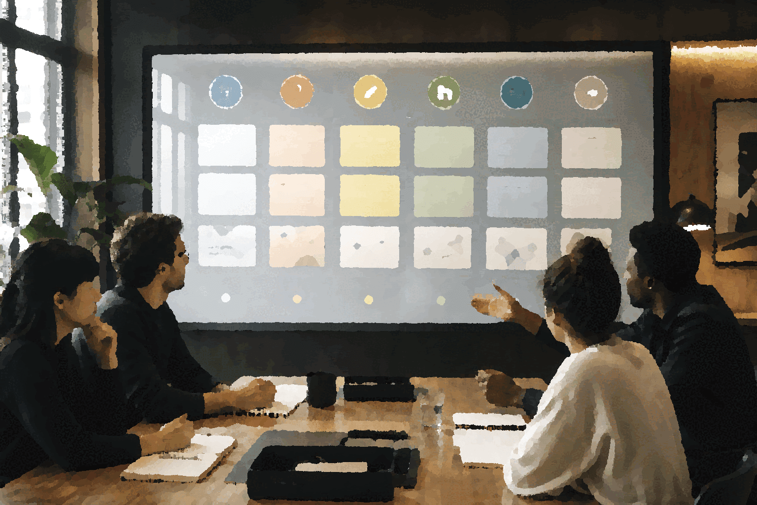 A team reviews a visible role board for AI participants, with boundaries and artifacts on the shared work surface.