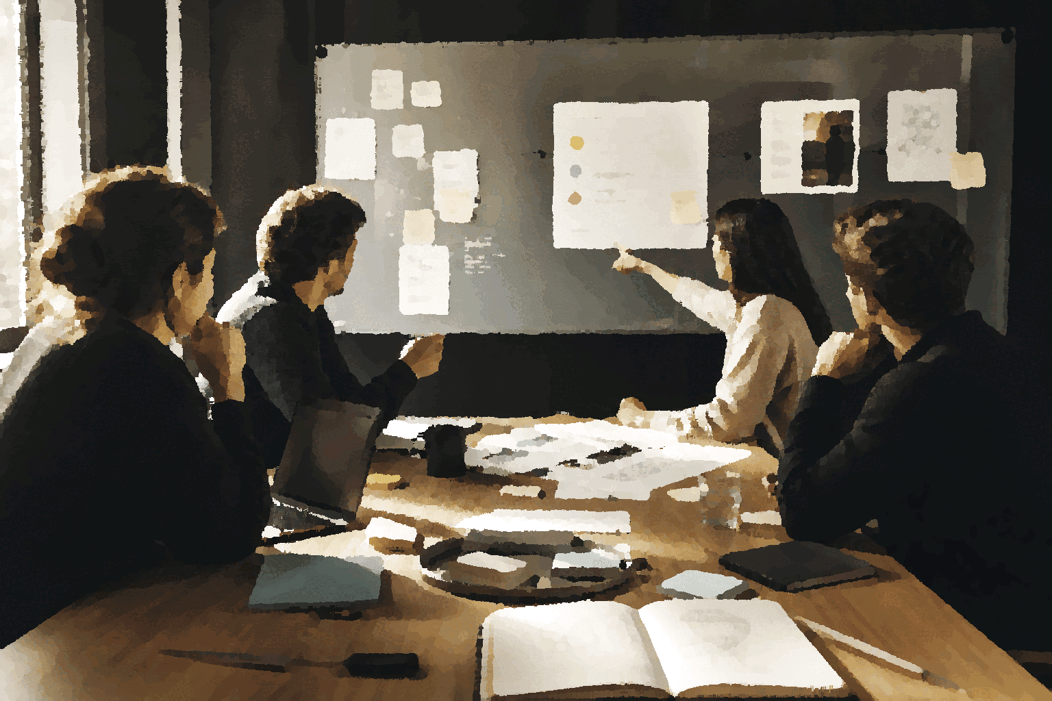 A team points to a decision board while reviewed artifacts and notes sit on the table.
