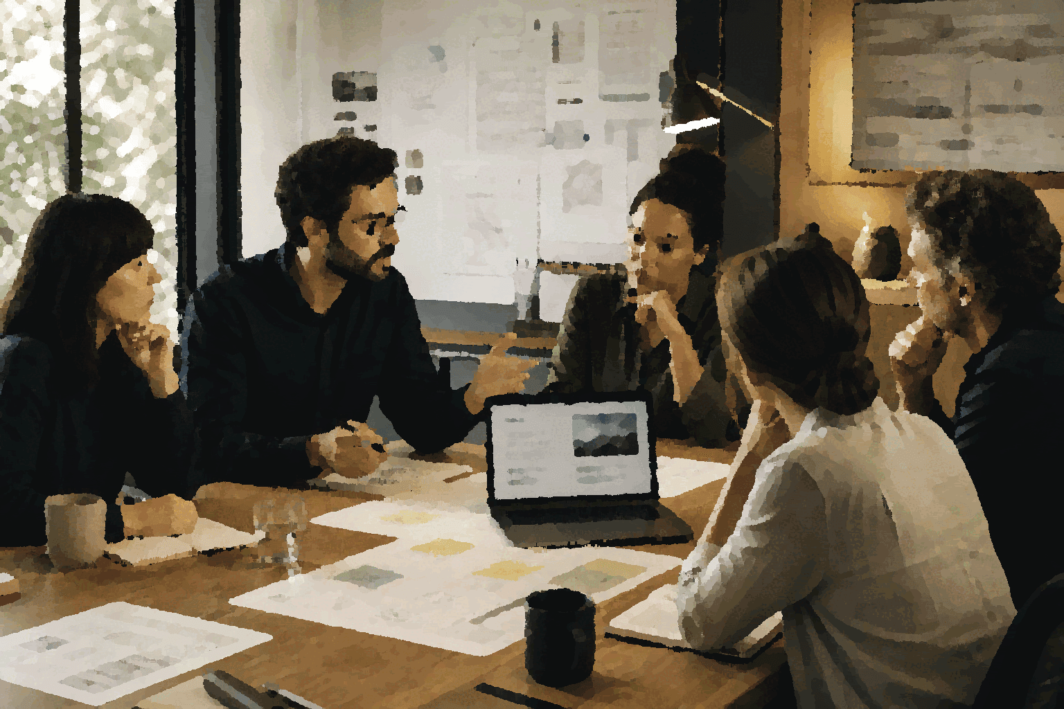 A team reviews an AI collaboration feature with notes, artifacts, and visible approval boundaries.