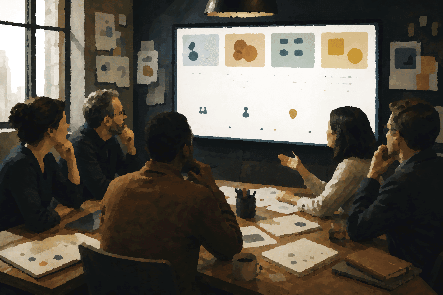 A product team reviews an AI collaboration feature with visible roles, context, and approval paths.