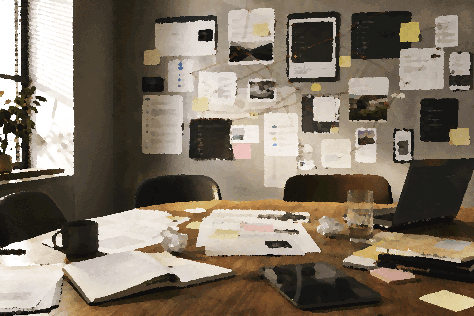 Scattered transcripts, threads, documents, AI chats, screenshots, and notes converge into a reviewable reasoning path.