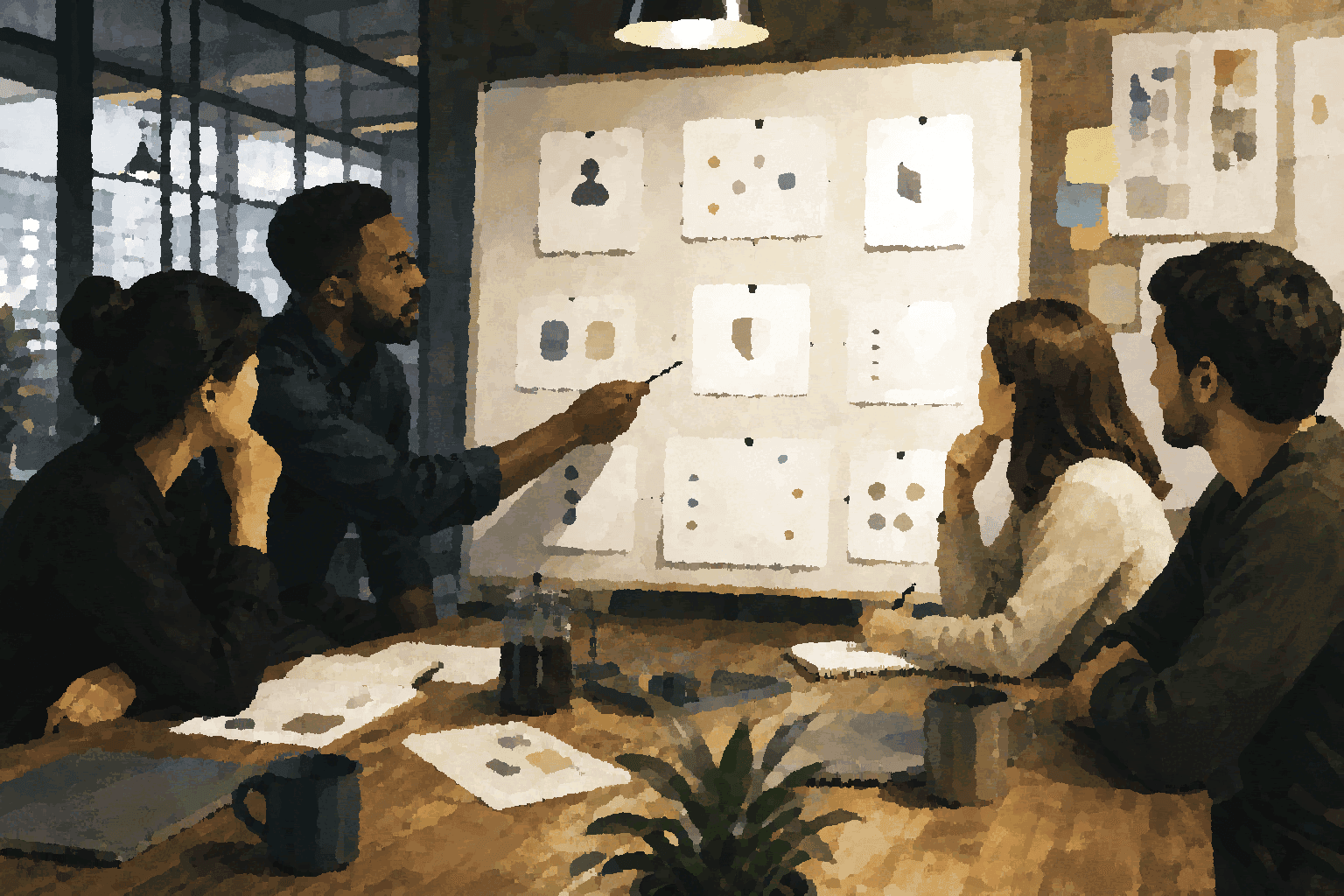 People review governed collaboration rules and permissioned context in a shared work room.