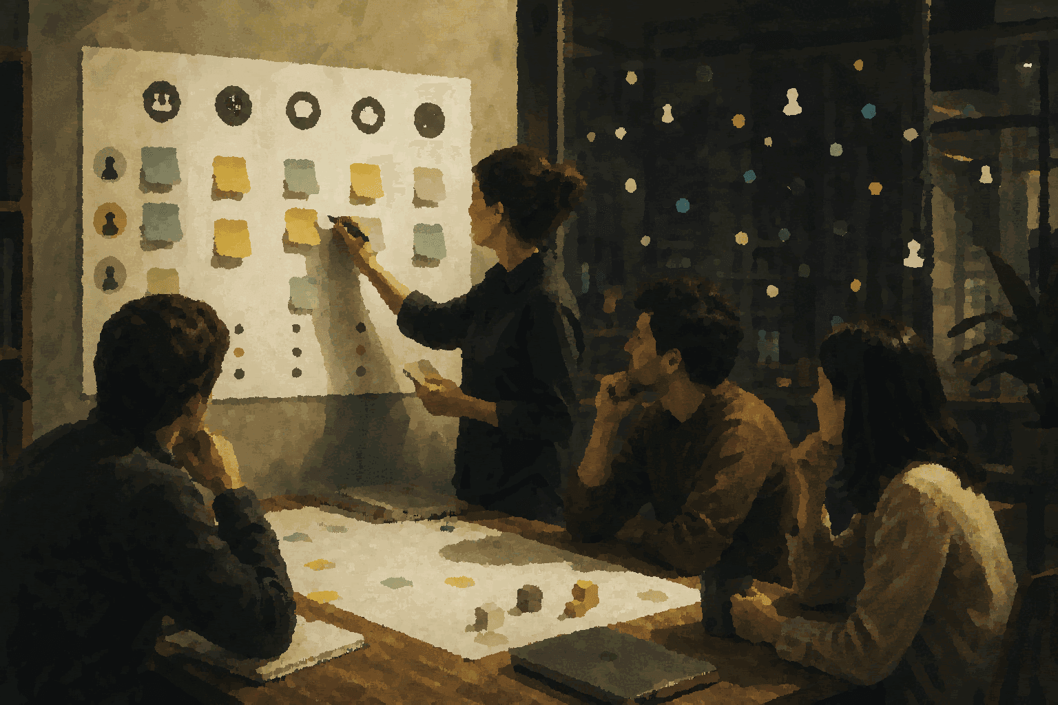 A team reviews protocol foundations, room rules, and interoperable collaboration paths on a shared board.