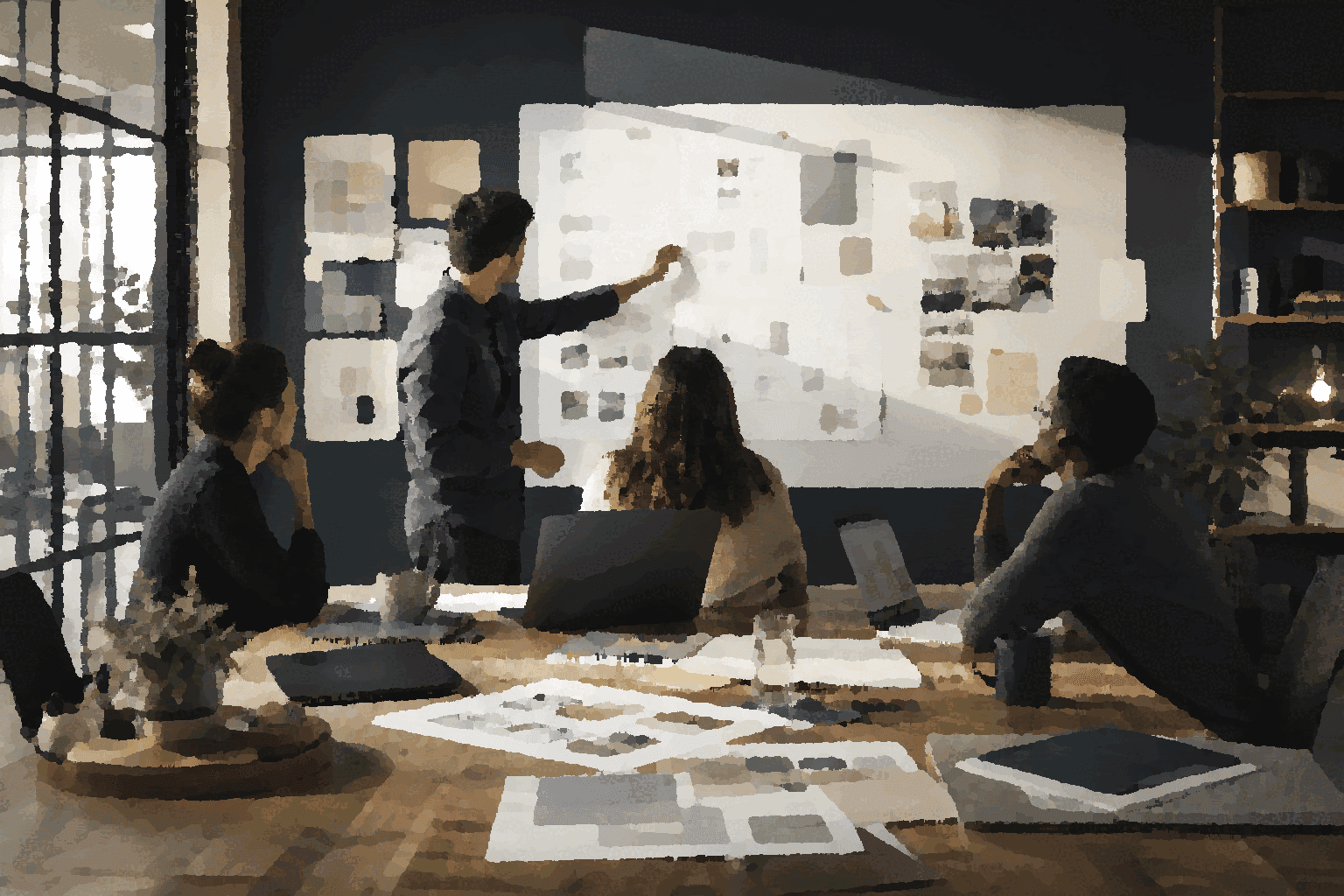 A team reviews shared work context on a wall instead of treating AI as a private side tool.