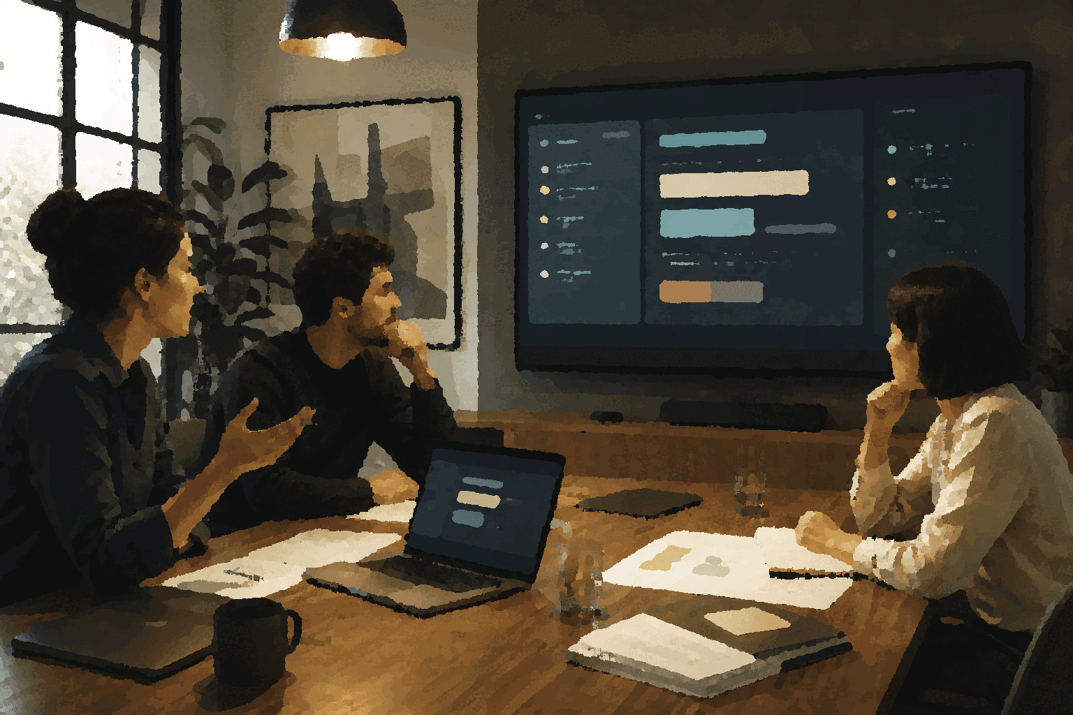 A team moves from conversation to a visible artifact and bounded next step on a shared screen.