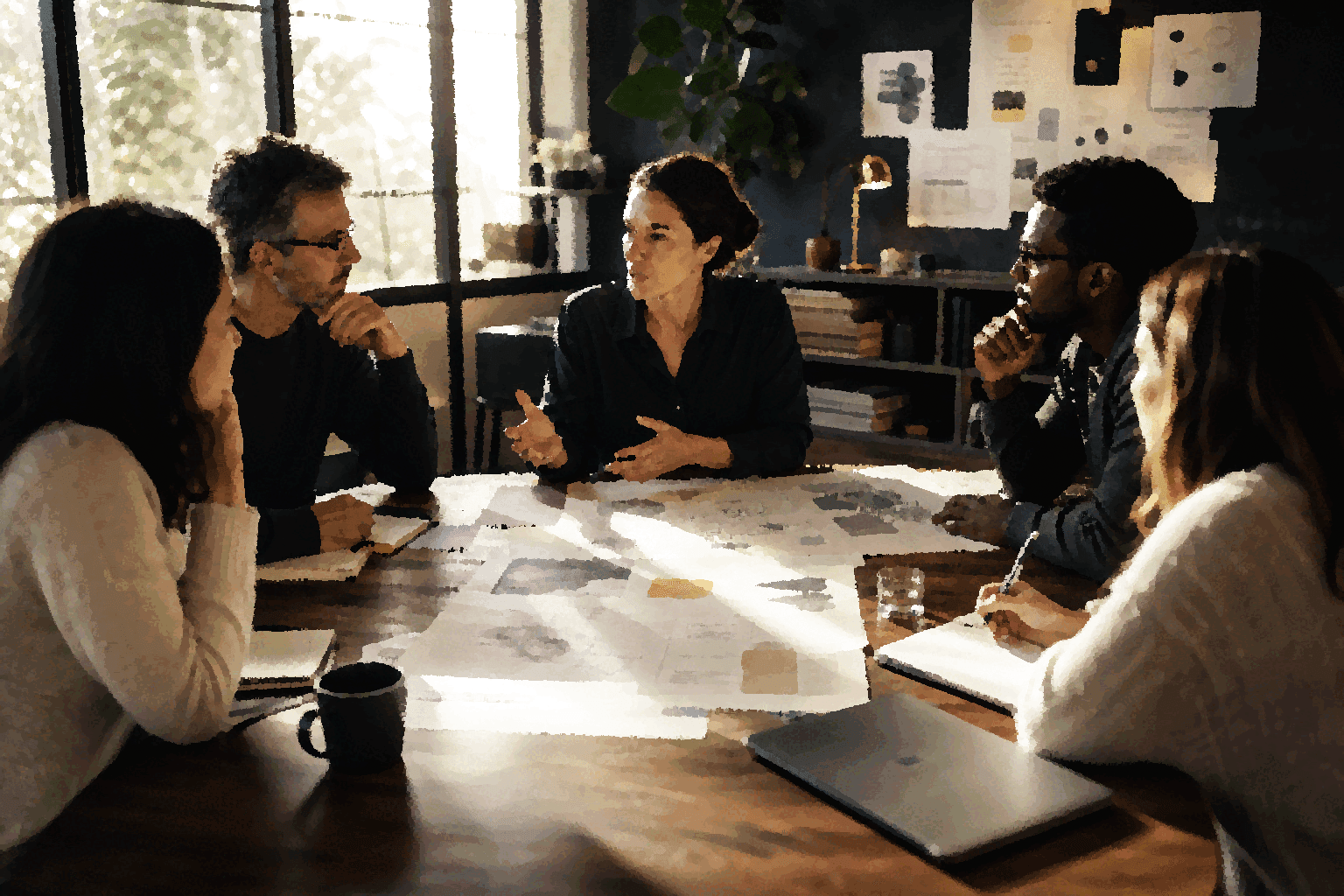 Painterly raster scene of a small team in focused discussion around shared notes and decision artifacts.