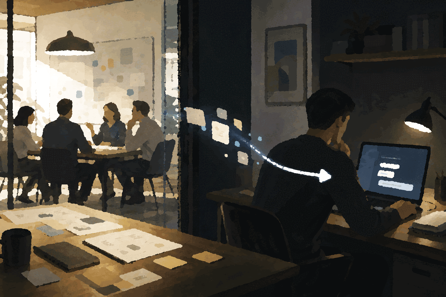 A teammate rebuilds context in a separate AI tool while the shared team conversation continues nearby.
