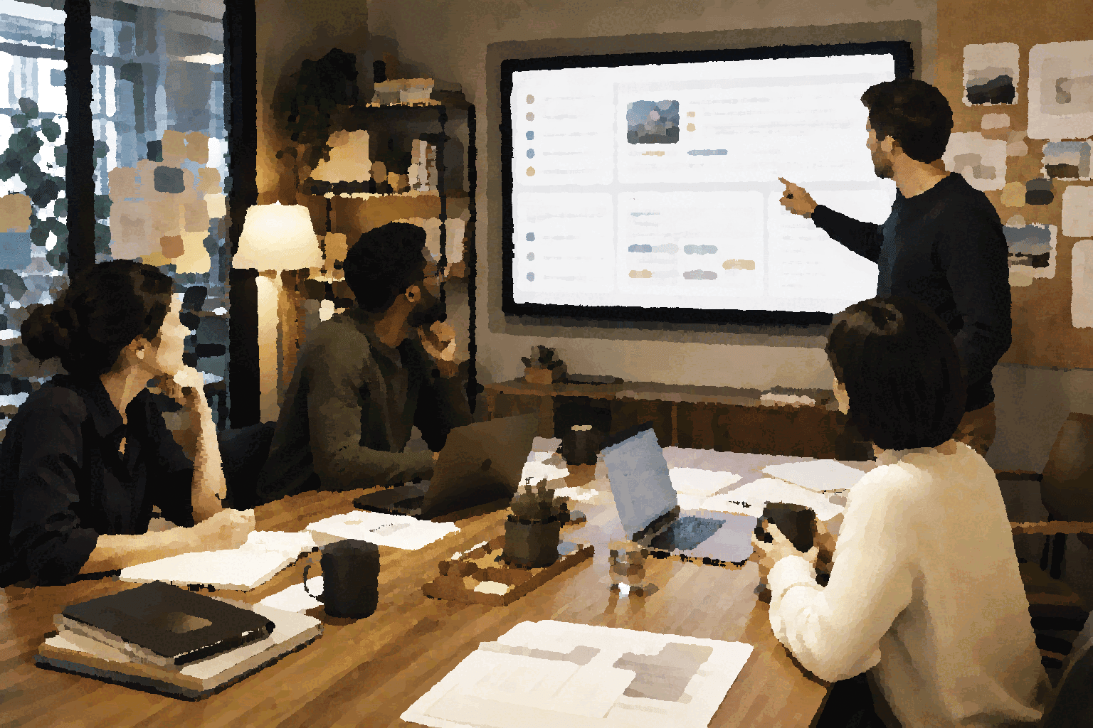 A team reviews visible context, ownership, decision status, and boundaries on a shared work surface.