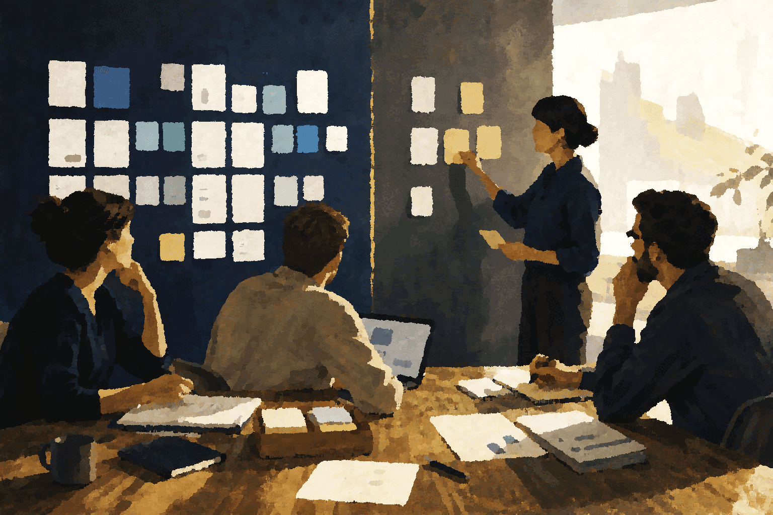 A team maps operational boundaries, review points, and supporting context in a shared workspace.