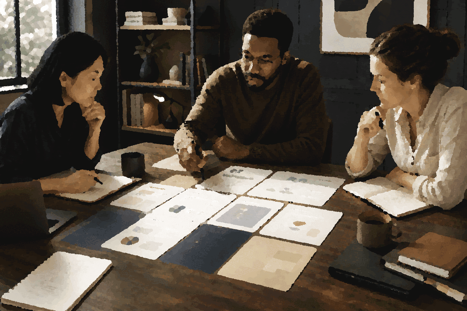 A team turns shared discussion, notes, and judgment into durable artifacts on a work table.