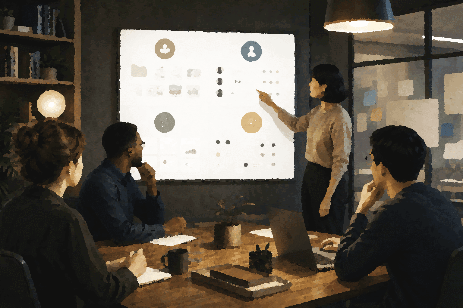 A shared work table organizes context, visible roles, durable artifacts, and bounded action as one collaboration pattern.