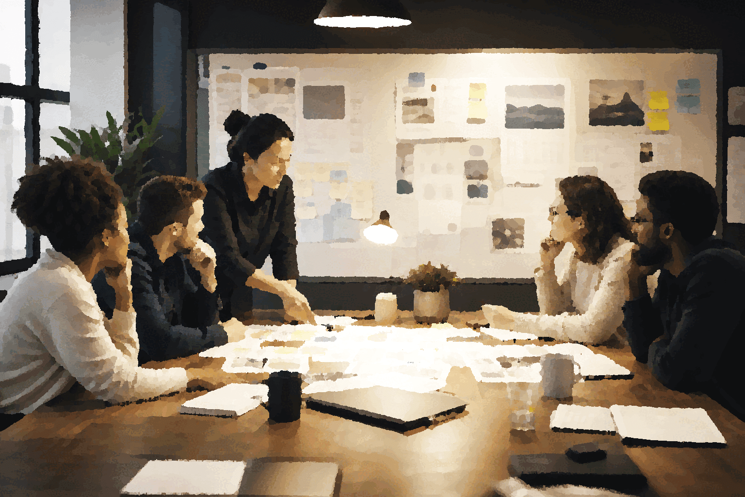 Messy context becomes a decision brief, a second review lens, an approved step, and a durable output.