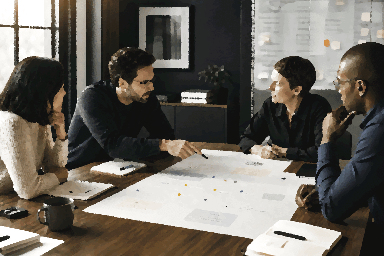 A team reviews a shared customer conversation artifact around a table.