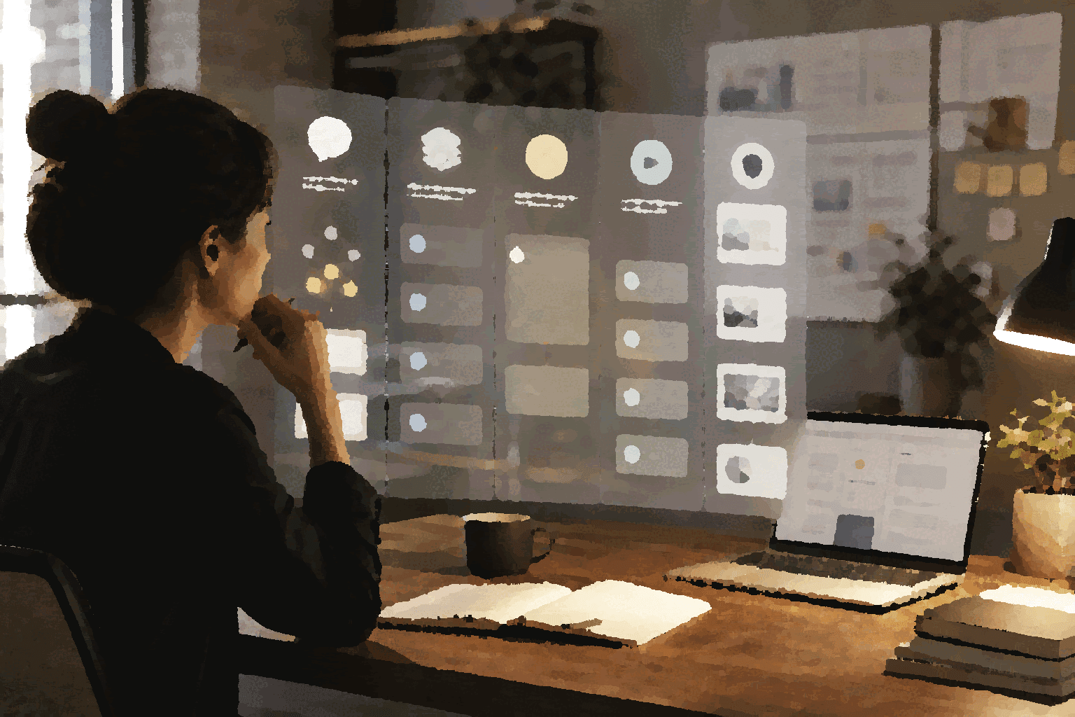 A person reviews suggested actions, approvals, and evidence on a visible work board.