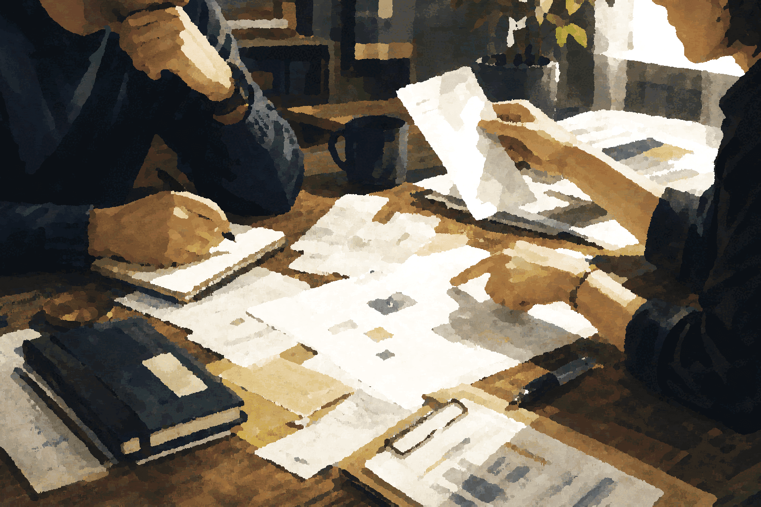 Operators review scattered infrastructure notes, runbooks, and decision artifacts around a table.