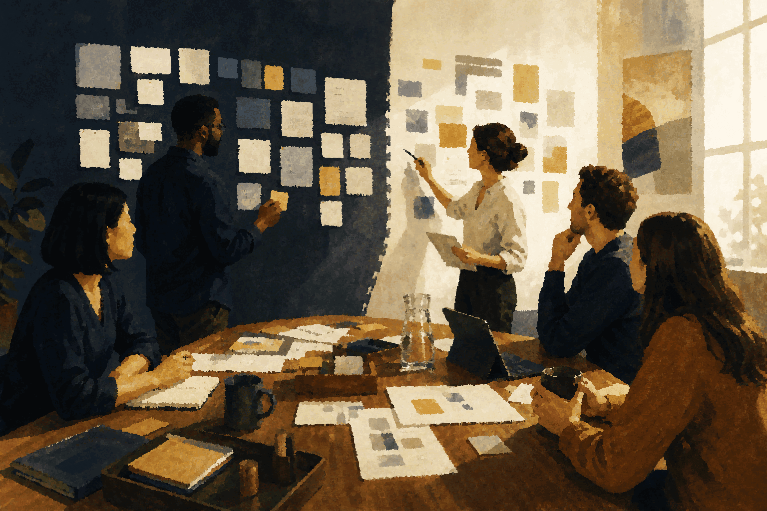A team preserves structured disagreement on a shared board before converging into a decision brief.