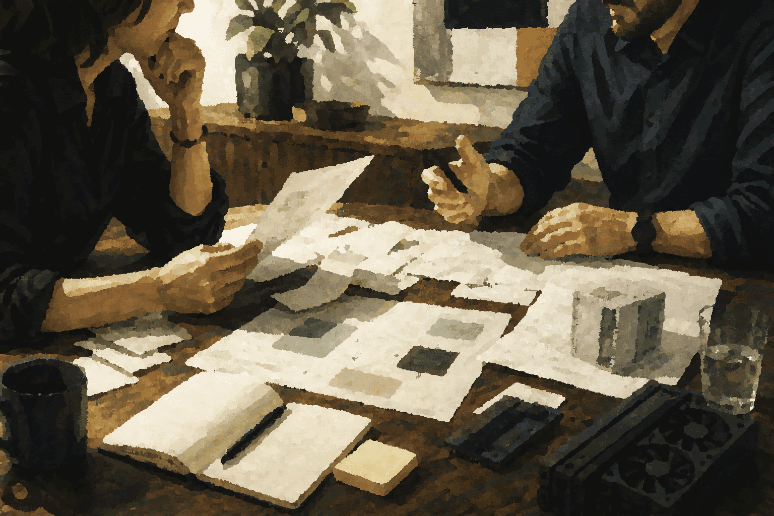 Operators review cost evidence, workload notes, and infrastructure choices around a work table.