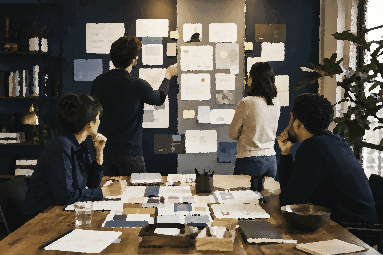 A small team organizes shared notes, documents, and artifacts across a wall and table.