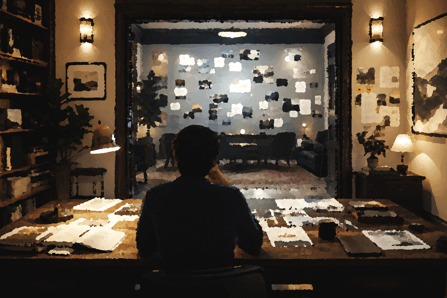 A person studies a room of connected notes, documents, and artifacts from a desk.