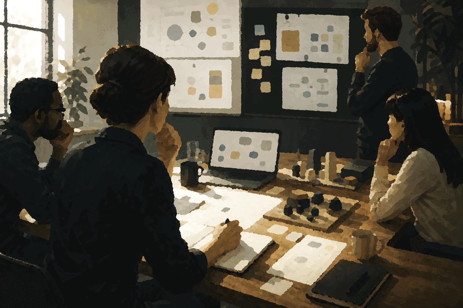 Team reviewing toolmaking options on a workshop table, with shared context visible across notes, sketches, and a wall of artifacts.