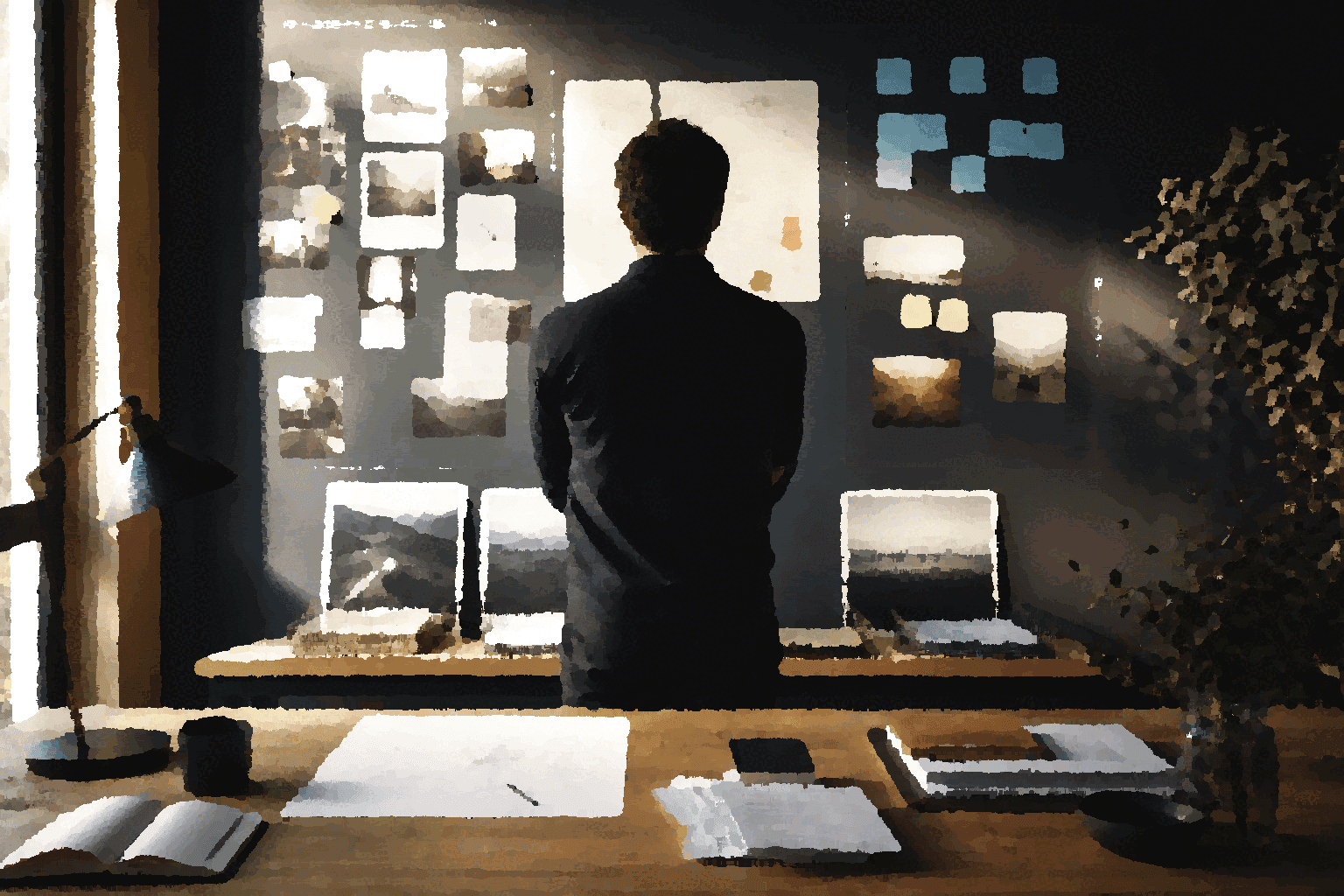 A founder studies future paths, assumption notes, and priority markers without letting every idea become immediate work.