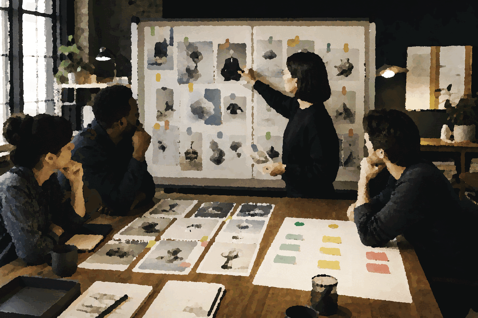 A team sorts creative AI outputs into reviewed options, rejected claims, and next drafts.