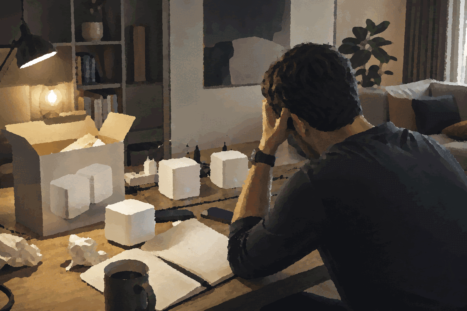 A person faces mesh routers and open packaging at a desk, caught between hope and troubleshooting.