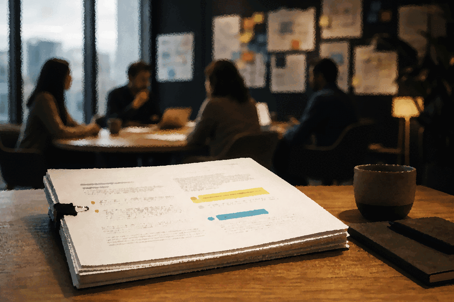 People review a shared decision artifact while the highlighted concern remains on the artifact rather than on any person.