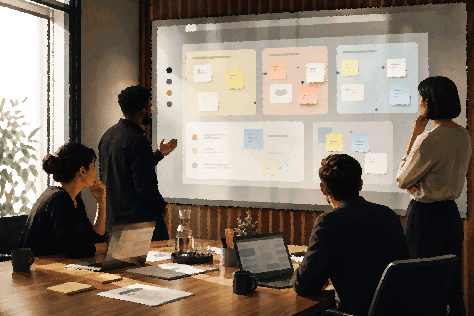 A team reviews shared artifacts in a room instead of relying on a hidden people-scoring dashboard.