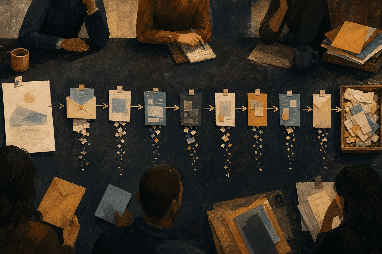 A handoff chain loses context as cards and notes move between strategy, product, engineering, security, and operations.