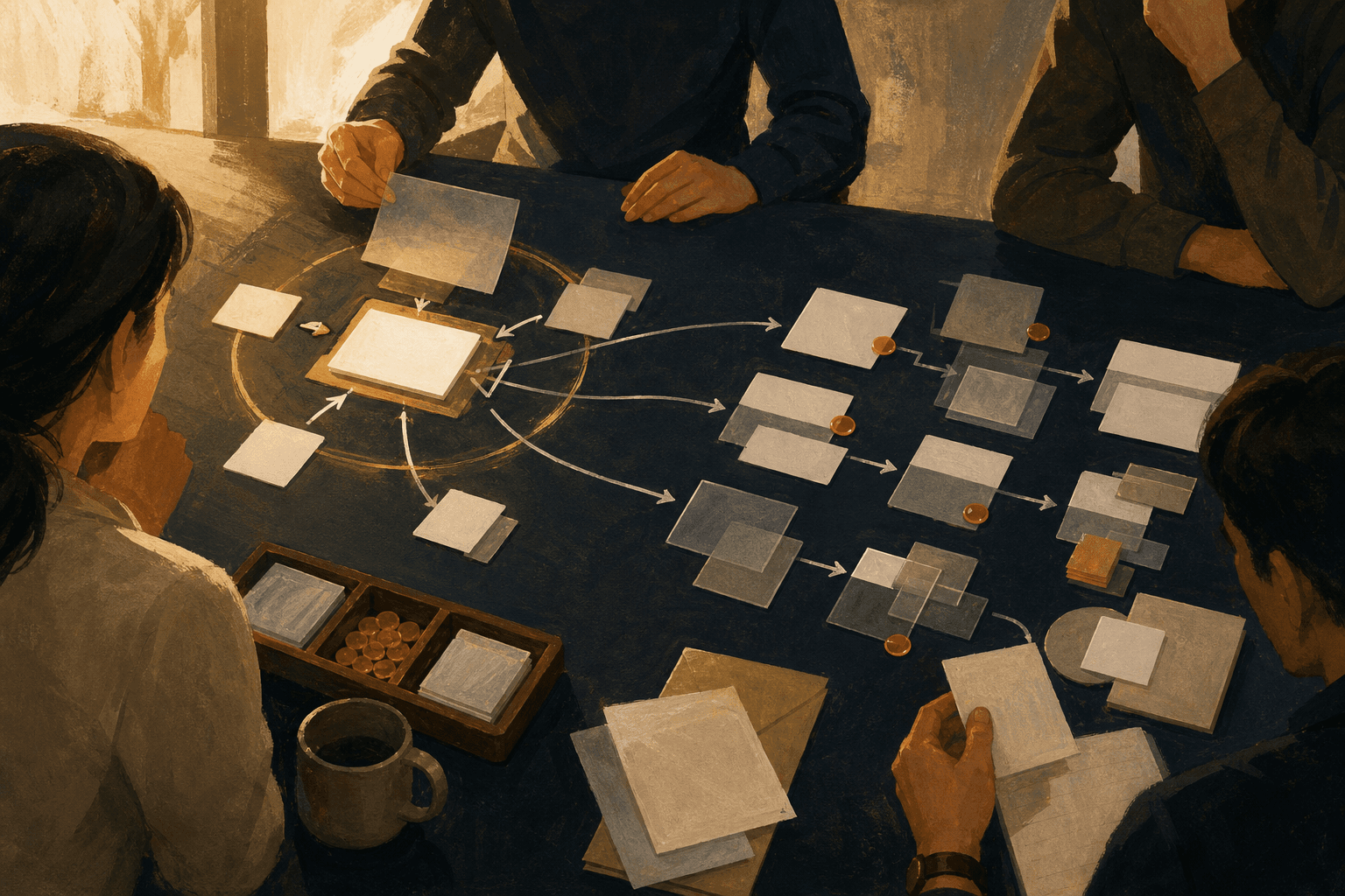 A shared review table pulls downstream consequences into an upstream decision loop with visible approvals and responsibilities.