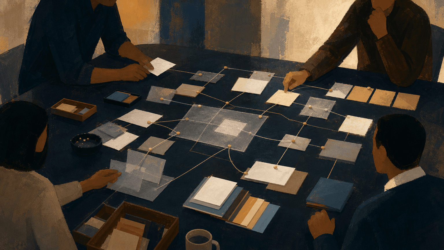 A shared work table where cards and thread lines connect product, trust, finance, and engineering concerns into one visible cascade.